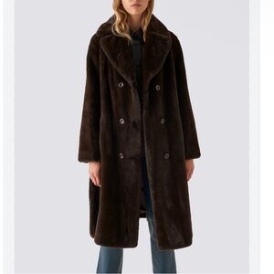 NWT Stand Studio Faustine Belted Double-Breasted Faux Fur Coat Chocolate Brown